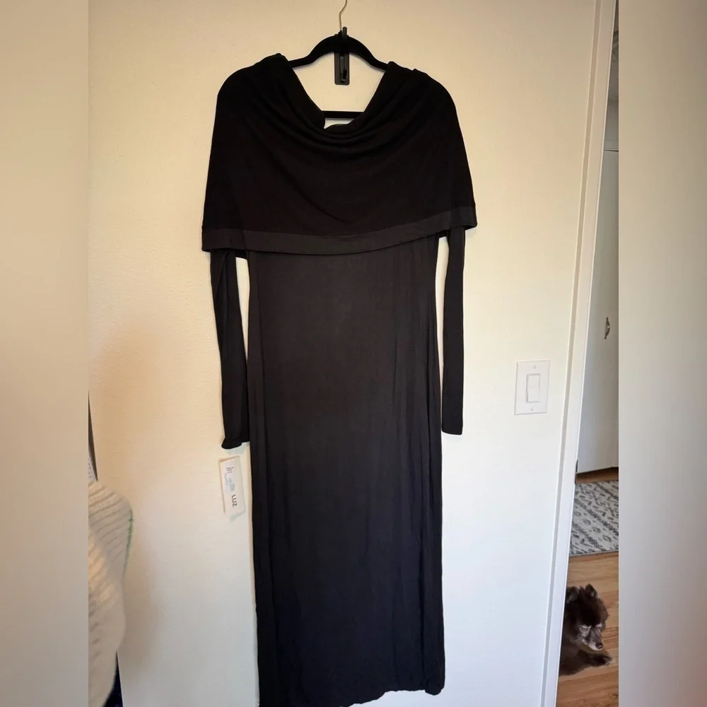 NEW Luna Luz Off Shoulder Dress Mesh Modal Cowl Neck Black Fitted Size Small NWT